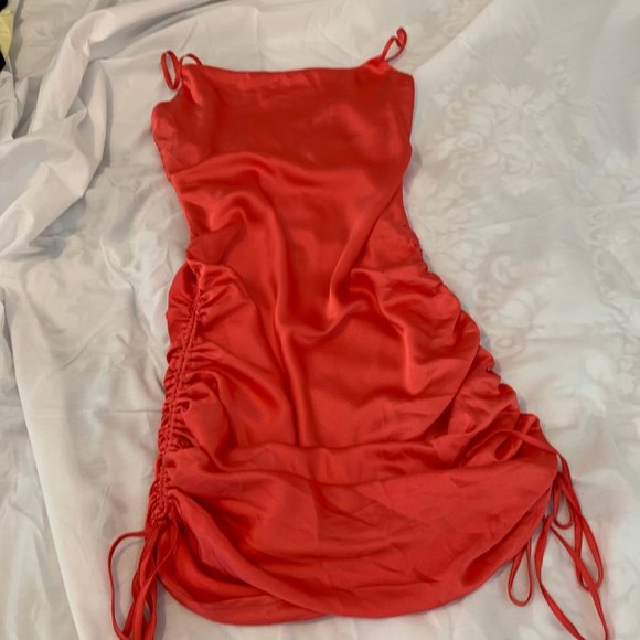 Lulu's Coral Spaghetti Strap Dress with Side Ruching Size S - Picture 1 of 13